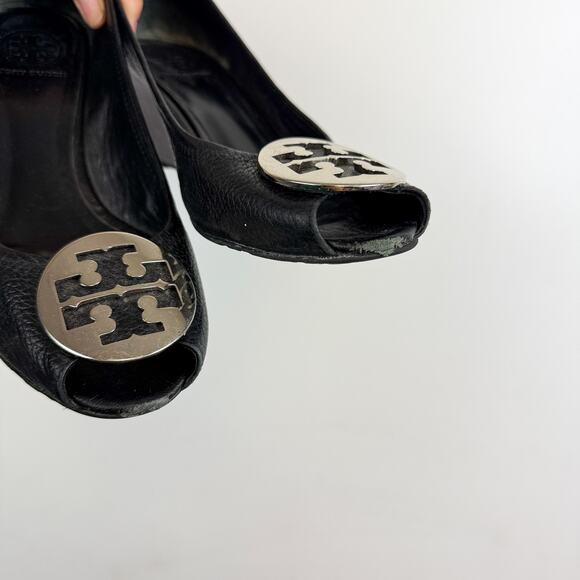 Tory Burch Sally Wedge Heels Peep Toe Black Silver - 9.5 - Picture 3 of 10